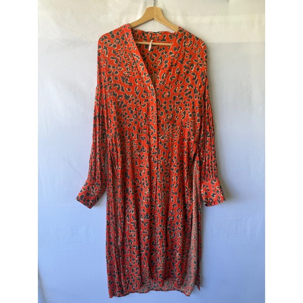Free People Leopard Print Duster Kimono Orange Black Animal‎ Button Front XS